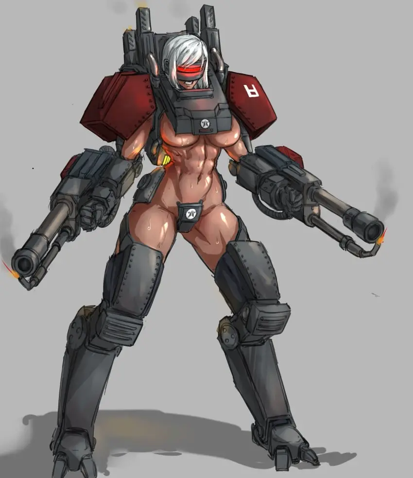 Image breasts,female,female_only,large_breasts,red_eyes,white_hair,female_focus,thick_thighs,dark_skin,belly_button,solo_female,underboob,2d,text,dark-skinned_female,blood,english_text,cyborg,grey_background,weapon,skull,toned,toned_female,robot,robot_girl,robot_humanoid,helldivers,helldivers_2,automaton_(helldivers),sirpetus