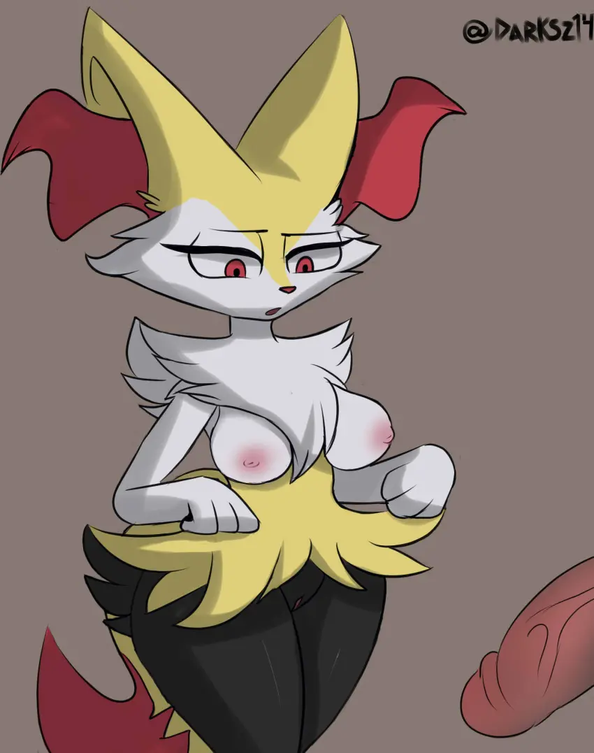 Image breasts,female,hi_res,nipples,red_eyes,solo,penis,pokemon,pokemon_(species),pussy,tail,thick_thighs,anthro,nintendo,fur,genitals,yellow_body,yellow_fur,black_body,white_body,generation_6_pokemon,fluffy,fluffy_tail,white_fur,black_fur,braixen,darksz7