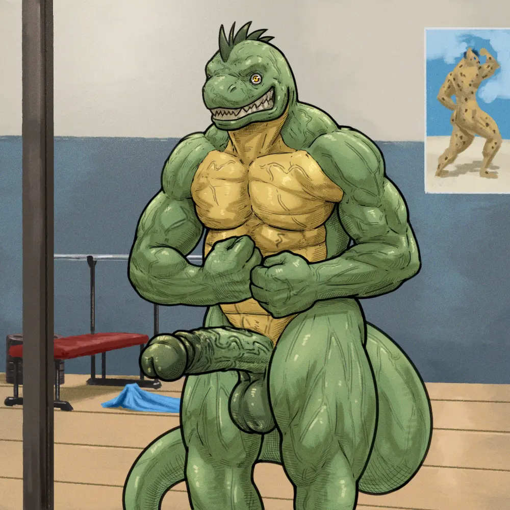 Image solo,male,nude,penis,tail,big_penis,thick_thighs,erection,humanoid_penis,muscular,muscular_male,wide_hips,gym,digital_media_(artwork),balls,anthro,veiny_penis,big_balls,genitals,biceps,muscular_anthro,pecs,humanoid_genitalia,big_muscles,vein,mirror,musclegut,veiny_muscles,flexing,insane,tall_lizzard_(artist),flexing_muscles