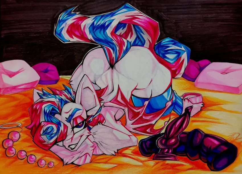 Image clothing,hi_res,looking_at_viewer,smile,white_hair,blue_hair,male,tail,femboy,hair,wings,stockings,fur,mammal,sex_toy,dildo,legwear,pillow,hasbro,my_little_pony,hooves,pink_body,equid,bat_pony,pink_fur,anal_beads,white_tail,knotted_dildo,membrane_(anatomy),membranous_wings,blue_tail,purple_tail,purpel_hair,sweetie_swirl_(twilybutt)