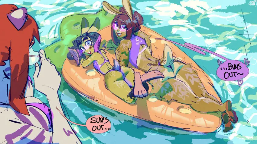 Image clothing,female,hi_res,humanoid,feet,digital_media_(artwork),eyewear,animal_humanoid,soles,mammal,dialogue,speech_bubble,swimwear,lagomorph,leporid,rabbit,felid,sunglasses,tinted_eyewear,pantherine,tiger,plantigrade,pink-tinted_eyewear,swimming_pool,advertisement,pool_toy,pool_float,one_piece_suit,abby_(polyle),bonnie_(my_life_with_fel),club_wabbit,fel_(my_life_with_fel),kenno_arkkan,my_life_with_fel