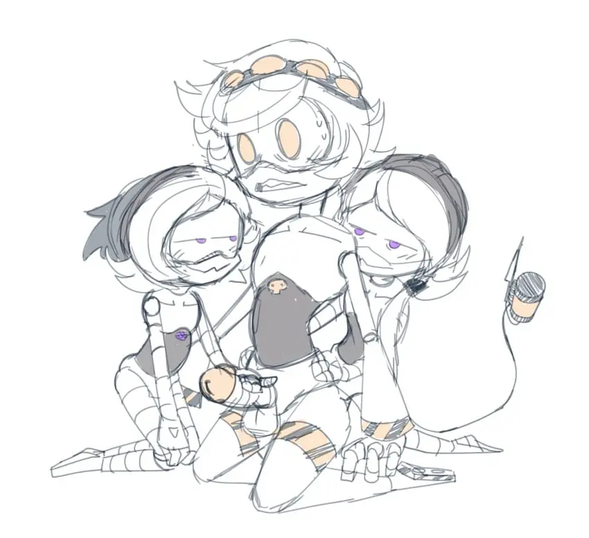 Image female,1boy,2girls,male,multiple_girls,humanoid,male/female,size_difference,2d,robot,robot_girl,robot_humanoid,smaller_female,bigger_male,robot_boy,oyakodon,murder_drones,uzi_(murder_drones),screen_face,glitch_productions,n_(murder_drones),nori_(murder_drones),vicious_fiend