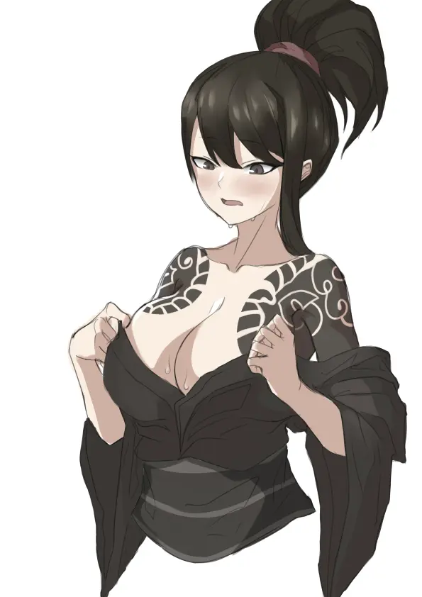 Image 1girls,big_breasts,blush,breasts,female,black_hair,sweat,cleavage,tattoo,tied_hair,black_eyes,kimono,tattoos,library_of_ruina,project_moon,sayo_(library_of_ruina)