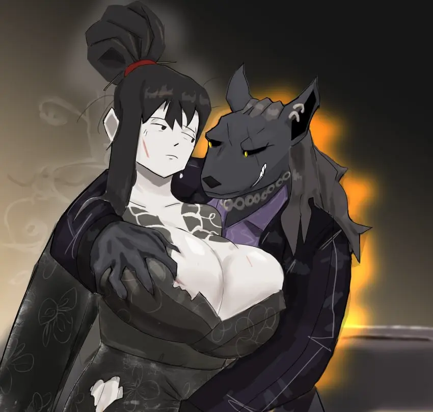 Image big_breasts,breasts,clothing,female,large_breasts,long_hair,2girls,cleavage,tattoo,huge_breasts,anthro,tied_hair,pale_skin,sweatdrop,yuri,groping,torn_clothes,molestation,kimono,groping_breasts,tattoos,library_of_ruina,project_moon,implied_fingering,hand_under_clothes,sayo_(library_of_ruina),tanya_(library_of_ruina)