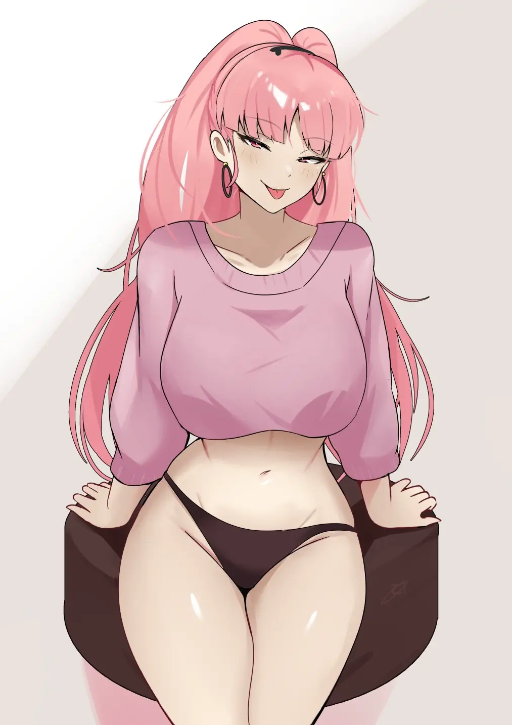 Image 1girls,big_breasts,blush,breasts,female,female_only,head_tilt,highres,human,human_only,large_breasts,light-skinned_female,light_skin,looking_at_viewer,simple_background,solo,white_background,navel,tongue_out,panties,tongue,underwear,earrings,thighs,hoop_earrings,ponytail,collarbone,jewelry,post-timeskip,solo_female,pink_hair,2d,pink_eyes,sitting,nintendo,black_panties,cameltoe,straight_hair,fire_emblem,fire_emblem:_three_houses,hilda_valentine_goneril,zet_(twt_zet),no_pants,sweater,human_female,no_sex,adult_female,adult,cropped_sweater,pink_sweater