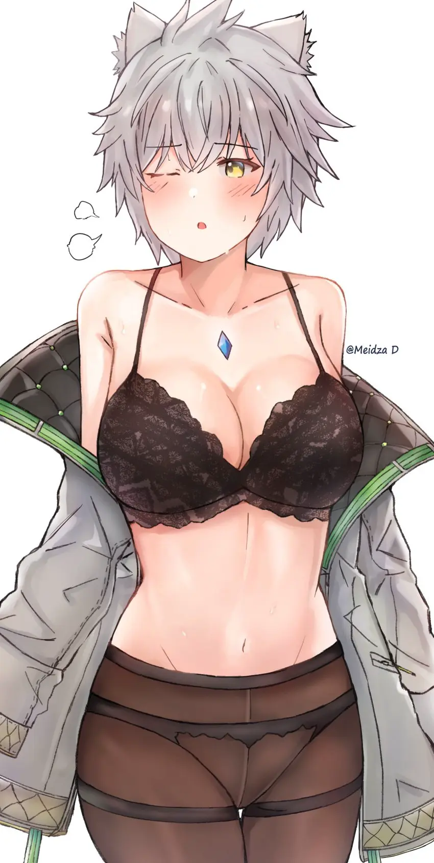 Image female,white_hair,catgirl,tagme,jacket,core_crystal,xenoblade_(series),pantyhose,xenoblade_chronicles_3,black_bra,gold_eyes,panties_visible_through_clothing,na'el_(xenoblade),meidza_d