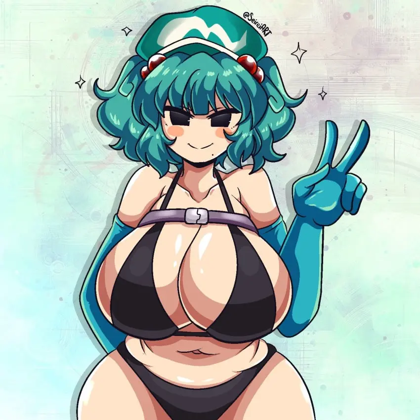 Image 1girls,big_breasts,breasts,female,light-skinned_female,touhou,blue_hair,bra,hat,thick_thighs,thighs,watermark,artist_name,mole,twintails,thong,mole_under_mouth,peace_sign,barely_clothed,long_gloves,mob_face,nitori_kawashiro,seireiart,nono_(notnoe)