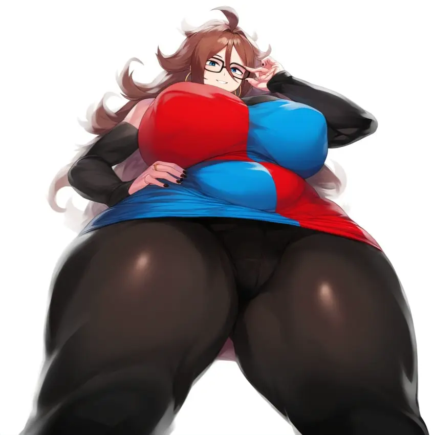 Image breasts,female,thick_thighs,wide_hips,ai_generated,glasses,huge_breasts,dragon_ball,nai_diffusion,brown_hair,legs_apart,android_21,android_21_(human),dragon_ball_fighterz,novelai,leggings,upskirt