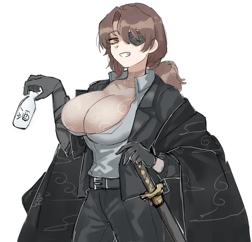 Image 1girls,big_breasts,breasts,brown_eyes,clothing,female,looking_at_viewer,open_clothes,smile,standing,gloves,ponytail,cleavage,tattoo,brown_hair,medium_hair,rule_63,eye_patch,tattoos,project_moon,katana,limbus_company,gregor_(limbus_company),kikkoinu