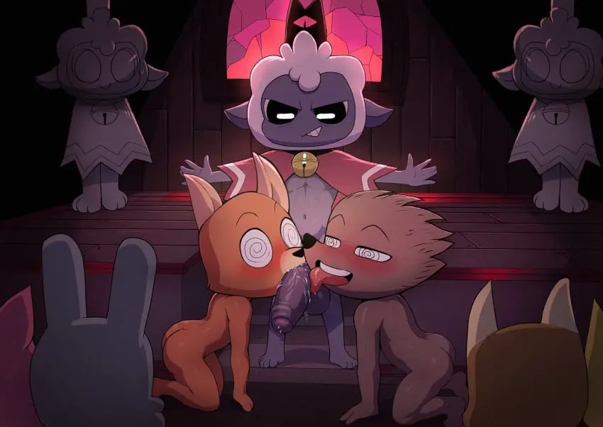 Image male,oral,furry,fellatio,yaoi,anthro,tagme,gay,3boys,maledom,caprine,sheep,cult_of_the_lamb,lamb_(cult_of_the_lamb),mind_control,cock_worship,collaborative_fellatio,kokobiel
