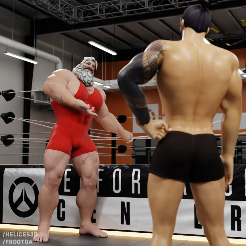 Image white_hair,male,muscular,muscular_male,feet,2boys,male/male,male_only,tattoo,tattooed_arm,absurd_res,gay,3d,pov,bulge,3d_model,talking,height_difference,overwatch,overwatch_2,older_male_and_younger_male,older_male,wrestling,wrestler,wrestling_ring,white_beard,wrestling_singlet,mankini,red_mankini,frogtoa,hanzo,helices3d,reinhardt