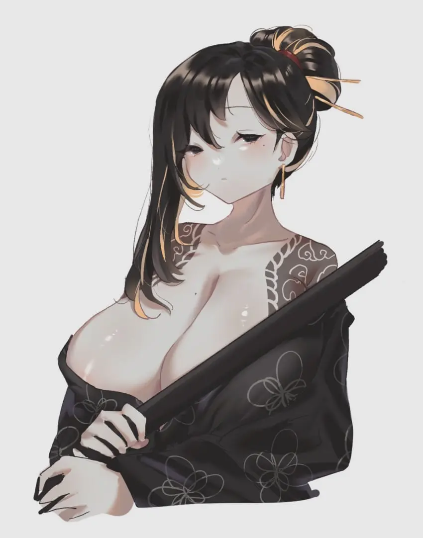 Image 1girls,big_breasts,breasts,female,large_breasts,looking_at_viewer,black_hair,earrings,cleavage,tattoo,tied_hair,kimono,hair_bun,tattoos,binah,library_of_ruina,project_moon,ee_extension_02,sayo_(library_of_ruina)