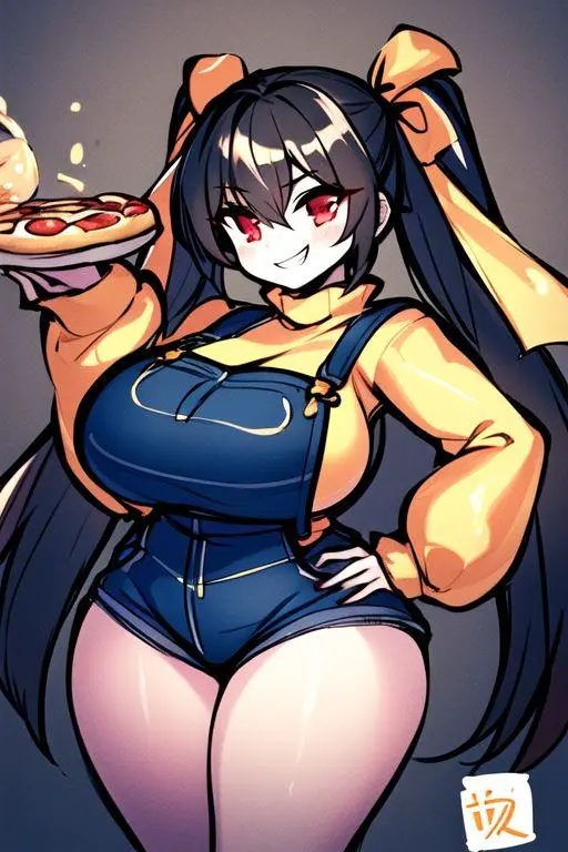 Image big_breasts,breasts,clothed,female,female_only,red_eyes,black_hair,big_ass,huge_ass,thick_thighs,ai_generated,grin,overalls,huge_breasts,aged_up,hand_on_hip,twintails,holding_object,teasing,five_nights_at_freddy's,fnaf,pizza,yellow_sweater,cassidy_(fnaf)
