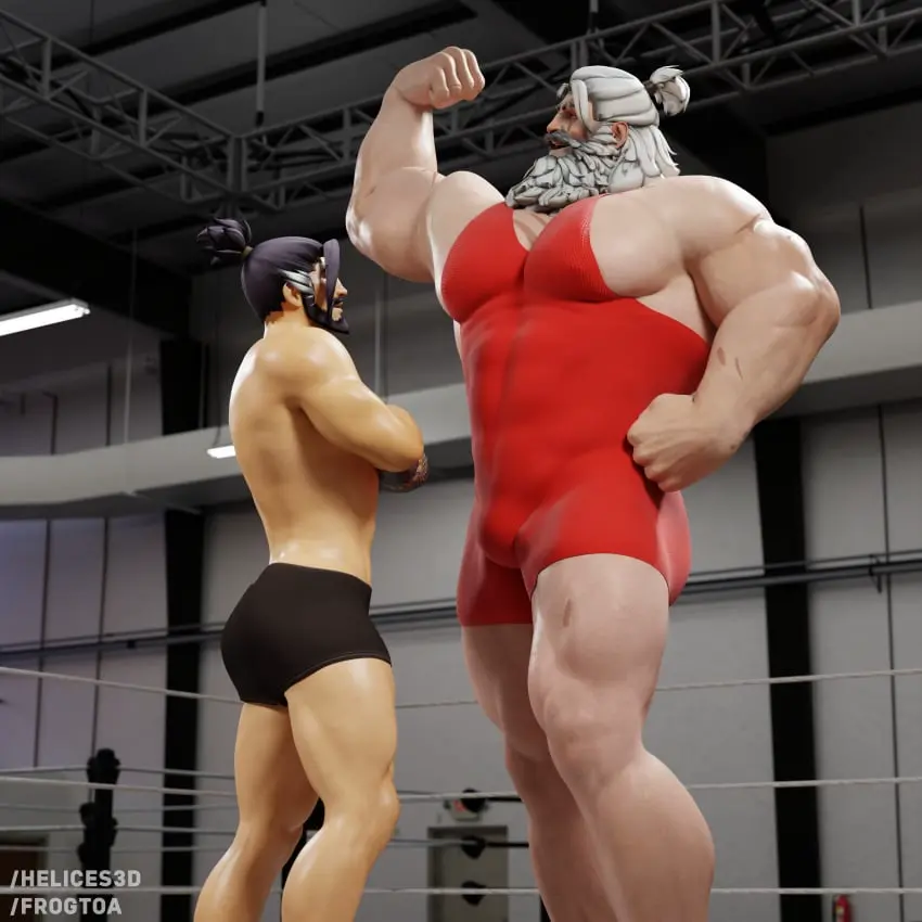 Image white_hair,male,muscular,muscular_male,2boys,male/male,male_only,absurd_res,gay,3d,pov,bulge,3d_model,talking,height_difference,overwatch,overwatch_2,older_male_and_younger_male,older_male,looking_up,wrestling,wrestler,wrestling_ring,flexing,white_beard,flexing_bicep,wrestling_singlet,mankini,red_mankini,frogtoa,hanzo,helices3d,reinhardt,flexing_arm