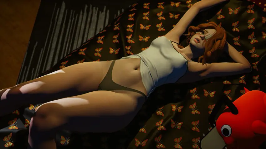 Image 1girls,blush,breasts,brown_eyes,female,female_only,human,open_mouth,solo,lying,red_hair,boobs,panties,tits,underwear,female_focus,belly,belly_button,orange_hair,solo_female,solo_focus,eyewear,hair,medium_breasts,bed,3d,lying_on_bed,tank_top,eyepatch,looking_up,lying_on_back,lying_down,pochita_(chainsaw_man),green_panties,white_tank_top,caribdis,eternum,butterfly_print,nova_(eternum)
