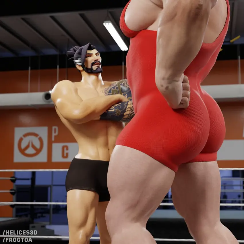Image white_hair,male,muscular,muscular_male,2boys,male/male,male_only,tattoo,tattooed_arm,absurd_res,gay,hand_on_hip,3d,pov,bulge,3d_model,talking,height_difference,overwatch,overwatch_2,older_male_and_younger_male,older_male,looking_up,wrestling,muscular_ass,wrestler,wrestling_ring,white_beard,wrestling_singlet,mankini,red_mankini,muscular_butt,frogtoa,hanzo,helices3d,reinhardt,mankini_ass_view