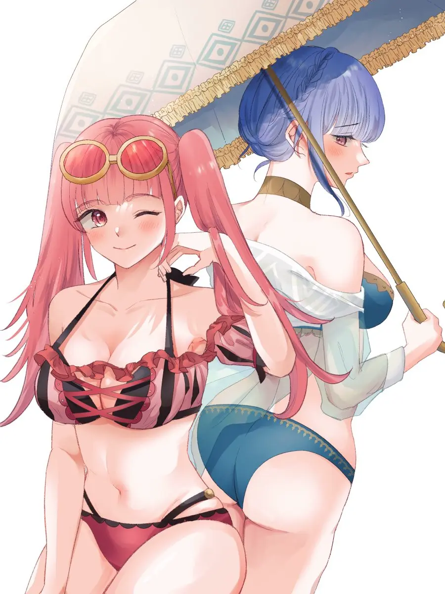 Image blush,breasts,brown_eyes,female,female_only,highres,large_breasts,light-skinned_female,light_skin,looking_at_viewer,simple_background,smile,standing,white_background,2girls,blue_hair,blunt_bangs,multiple_girls,navel,short_hair,bikini,ass,big_ass,looking_back,bare_shoulders,cleavage,pink_hair,medium_breasts,pink_eyes,one_eye_closed,wink,sunglasses_on_head,swimsuit,nintendo,braid,twintails,closed_mouth,furrowed_brow,official_alternate_costume,alternate_costume,holding,blue_bikini,blue_swimsuit,fire_emblem,fire_emblem:_three_houses,hilda_valentine_goneril,fire_emblem_heroes,2024,eyewear_on_head,halterneck,sunglasses,tinted_eyewear,pink_bikini,crown_braid,umbrella,pink_swimsuit,yellow-framed_eyewear,hilda_valentine_goneril_(summer),red-tinted_eyewear,marianne_von_edmund,parasol,back-to-back,aytk_erabareta,holding_umbrella,marianne_von_edmund_(summer),sideways_mouth