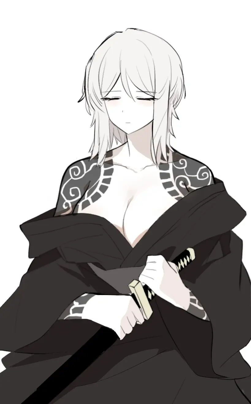 Image 1girls,big_breasts,breasts,female,white_hair,short_hair,cleavage,tattoo,pale_skin,closed_eyes,medium_hair,kimono,tattoos,project_moon,limbus_company,faust_(limbus_company)