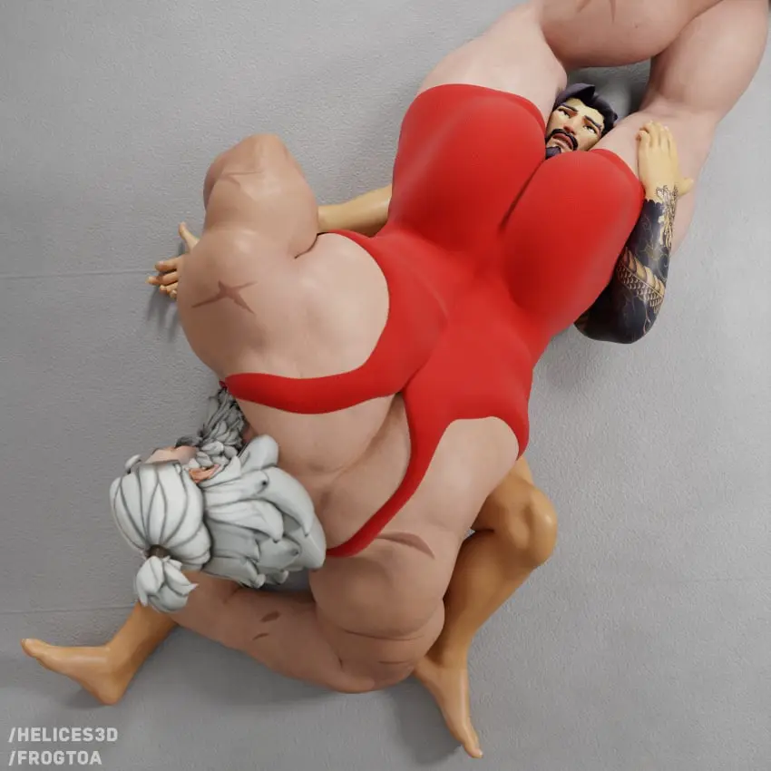 Image white_hair,male,muscular,muscular_male,2boys,male/male,male_only,tattoo,tattooed_arm,absurd_res,gay,hand_on_hip,3d,pov,bulge,3d_model,talking,height_difference,overwatch,overwatch_2,headscissor,older_male_and_younger_male,older_male,looking_up,wrestling,muscular_ass,wrestler,wrestling_ring,white_beard,wrestling_singlet,mankini,red_mankini,muscular_butt,frogtoa,hanzo,helices3d,reinhardt,mankini_ass_view