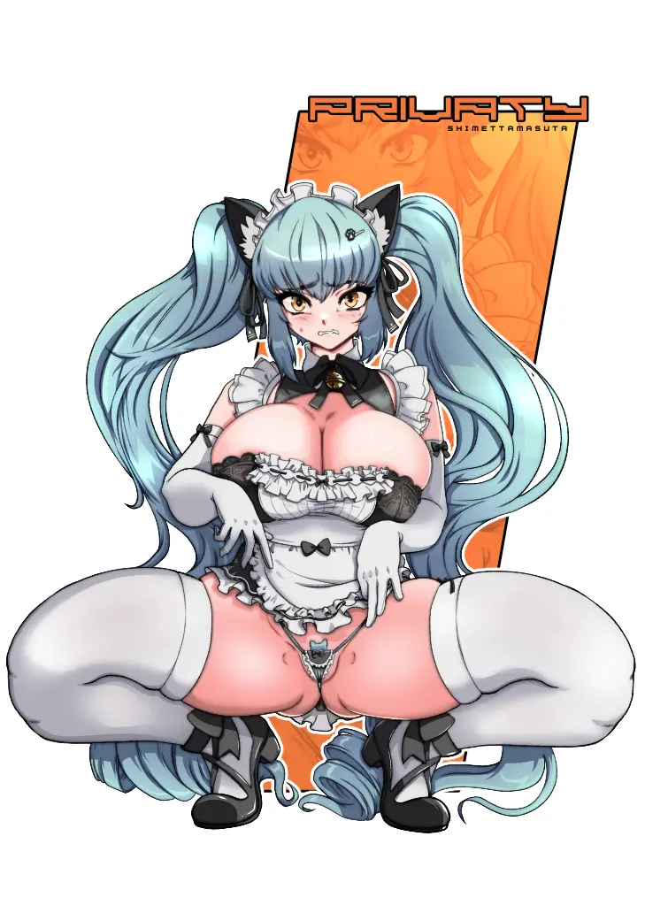 Image breasts,female,thick_thighs,wide_hips,huge_breasts,clenched_teeth,goddess_of_victory:_nikke,squatting,thong,privaty_(nikke),privaty_(unkind_maid)_(nikke),unamused,character_name,gigantic_thighs,shimetta_masuta,shimettamasuta