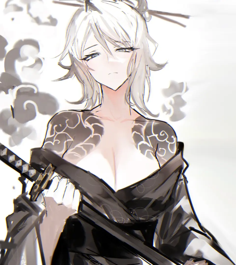 Image 1girls,big_breasts,blush,breasts,female,white_hair,blue_eyes,short_hair,cleavage,tied_hair,pale_skin,kimono,hair_bun,project_moon,katana,limbus_company,faust_(limbus_company),kurokumo_clan_(identity)_(project_moon)