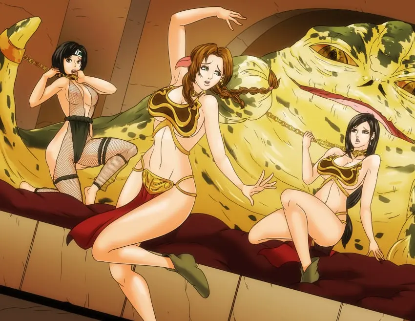 Image big_breasts,breasts,female,large_breasts,1boy,black_hair,male,multiple_girls,voluptuous,cleavage,huge_breasts,brown_hair,black_eyes,final_fantasy,final_fantasy_vii,tifa_lockhart,3girls,see-through_clothing,boots,belly_dancer,belly_dancer_outfit,dancer_outfit,chain_leash,crossover,jabba's_palace,slave_bikini,slave_leia_(cosplay),star_wars,yuffie_kisaragi,aerith_gainsborough,harem,braided_ponytail,jabba_the_hutt,loincloth,eastern_and_western_character,dancing,harem_girl,harem_outfit,dancer,holding_chain,oola_(cosplay),wadevezecha