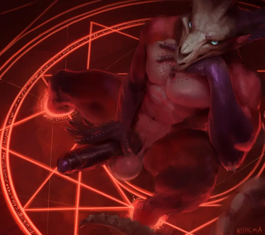 Image hi_res,looking_at_viewer,solo,blue_eyes,male,penis,anthro,demon,genitals,skull,bone,summoning_circle,hand_on_penis,skull_head,killioma