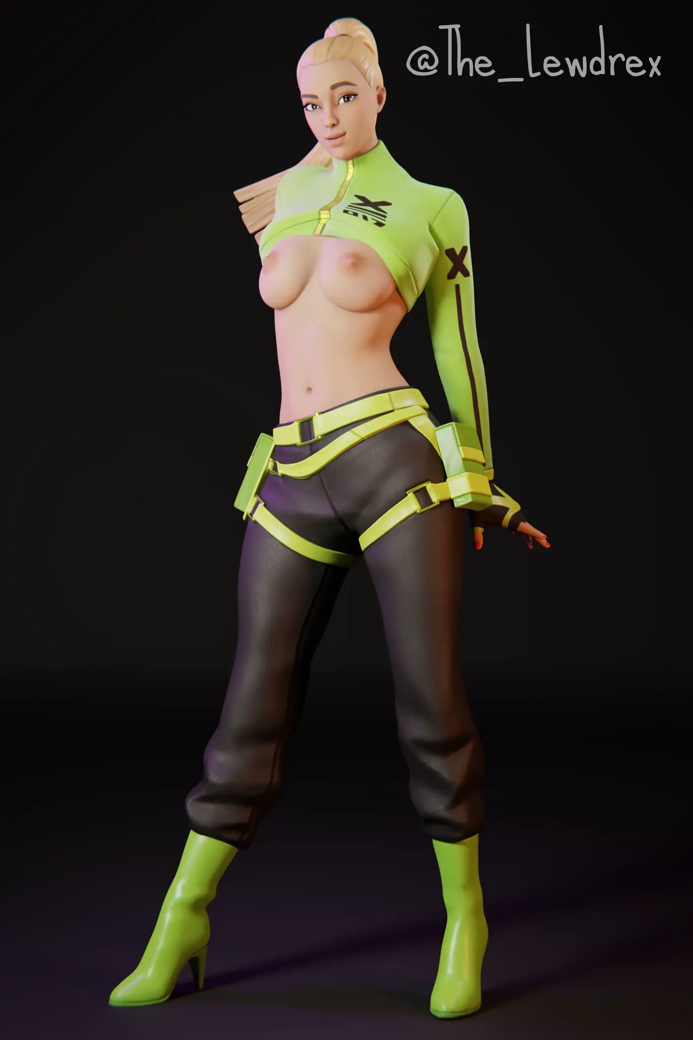 Image 1girls,breasts,clothed,clothing,female,highres,light-skinned_female,light_skin,long_hair,looking_at_viewer,nipples,pants,simple_background,standing,ponytail,areolae,watermark,fortnite,blonde_hair,medium_breasts,pose,posing,hand_on_hip,3d,blender,presenting,high_heels,jacket,3d_(artwork),presenting_breasts,fortnite:_battle_royale,epic_games,alien,bottomwear,2020,hand_on_waist,lewdrex,kyra_(fortnite)