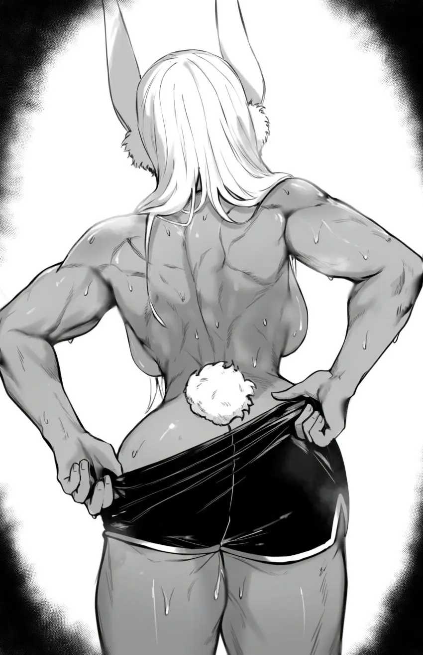 Image 1girls,big_breasts,breasts,clothing,female,female_only,human,large_breasts,long_hair,simple_background,solo,animal_ears,sweat,tail,ass,female_focus,thick_thighs,thighs,voluptuous,dark_skin,muscular,wide_hips,hips,bare_shoulders,solo_female,my_hero_academia,absurd_res,curvy,pinup,bunny_ears,back,dark-skinned_female,sweatdrop,topless,black_and_white,boku_no_hero_academia,monochrome,faceless_female,revealing_clothes,shorts,ass_focus,bunny_tail,steam,skimpy,back_view,muscular_female,backboob,miruko,rumi_usagiyama,masoq095,struggling_to_fit,pulling_up_shorts