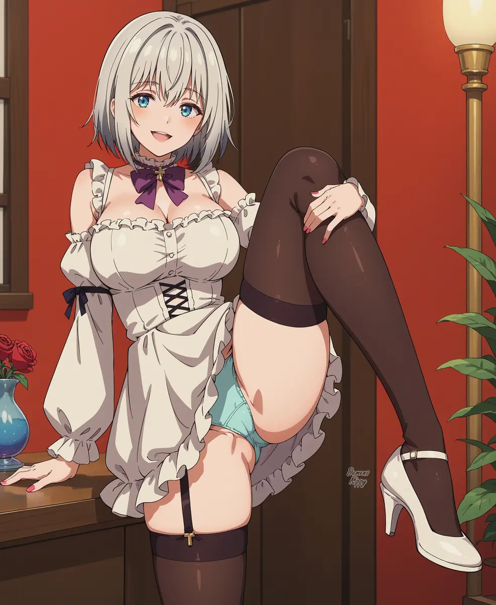 Image big_breasts,breasts,female,large_breasts,looking_at_viewer,suspenders,pussy,panties,vagina,ai_generated,green_eyes,spread_legs,medium_hair,pov,high_heels,signature,painted_nails,silver_hair,neckerchief,brown_thighhighs,pussy_focus,rose,pantsu,demens_kippy,gilf,white_high_heels,green_panties,one_leg_raised,one_leg_bent,vase,jiisan_baasan_wakagaeru,saitou_ine,one_leg_on_ground