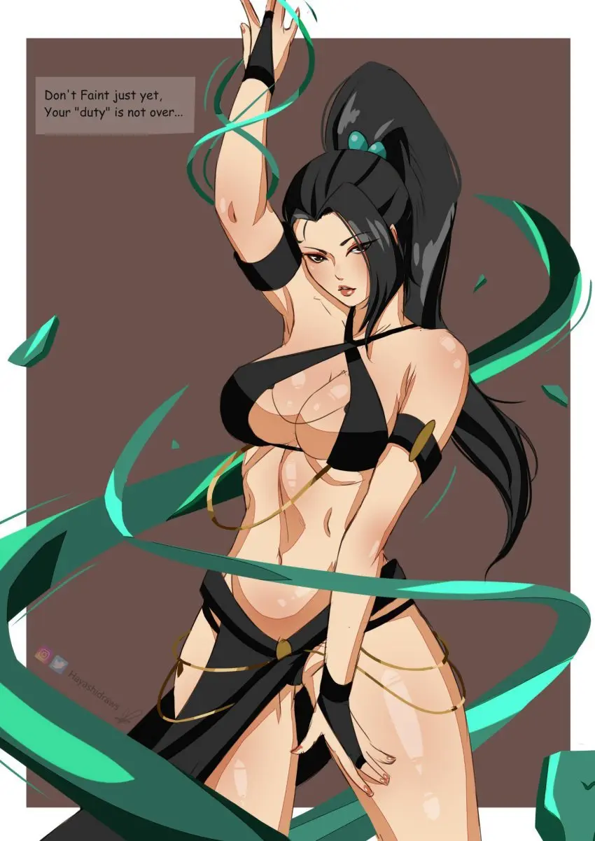 Image 1girls,big_breasts,breasts,clothed,female,looking_at_viewer,solo,black_hair,seductive,ponytail,cleavage,text,skimpy,valorant,sage_(valorant),hayashidraws,healing