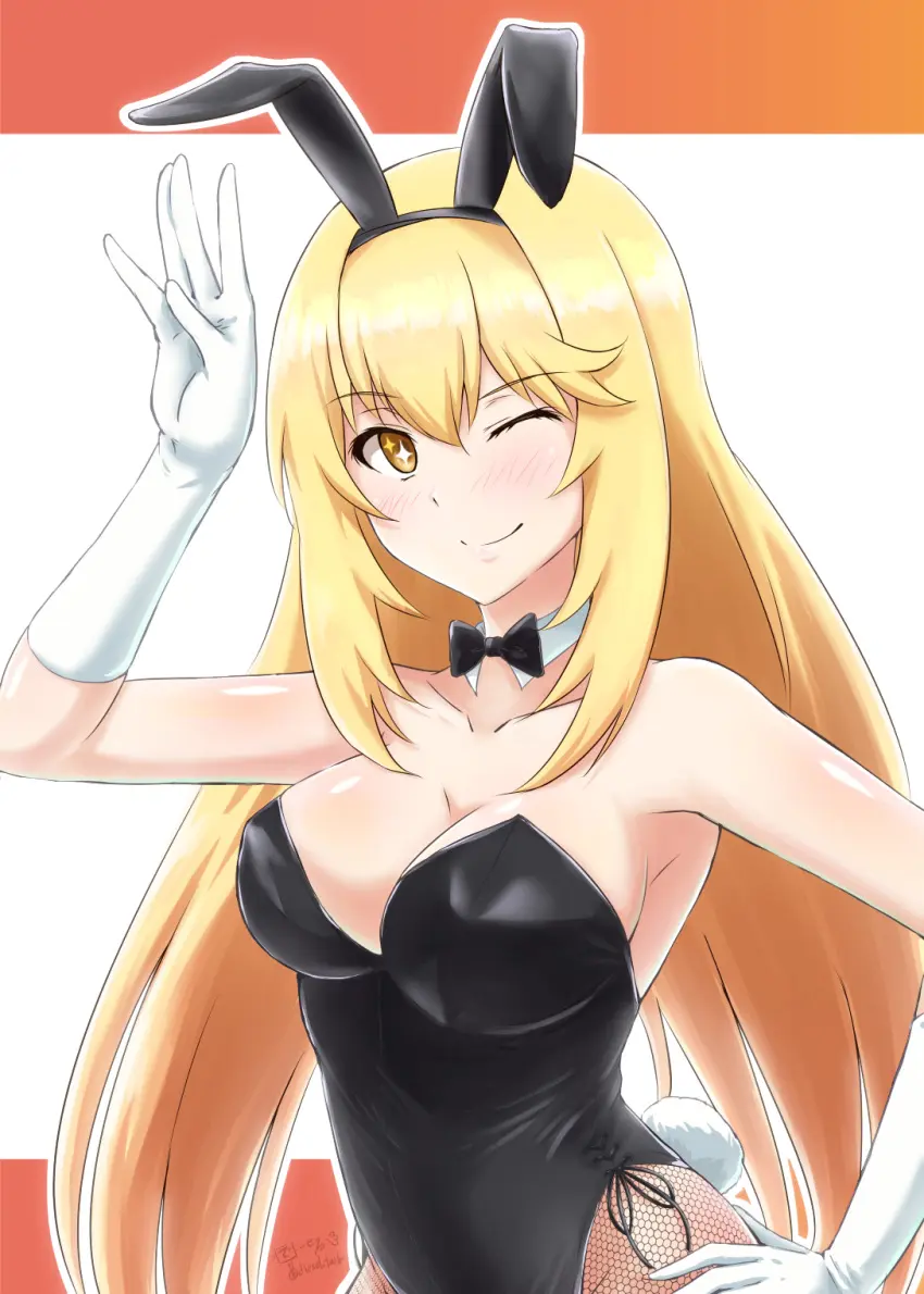Image 1girls,breasts,female,female_only,large_breasts,long_hair,smile,elbow_gloves,yellow_eyes,blonde_hair,one_eye_closed,teenager,teenage_girl,bunny_ears,cute,artist_signature,young,bunnysuit,playboy_bunny,fake_animal_ears,cute_girl,shokuhou_misaki,sparkling_eyes,to_aru_majutsu_no_index,kawaii,older_female_and_younger_female