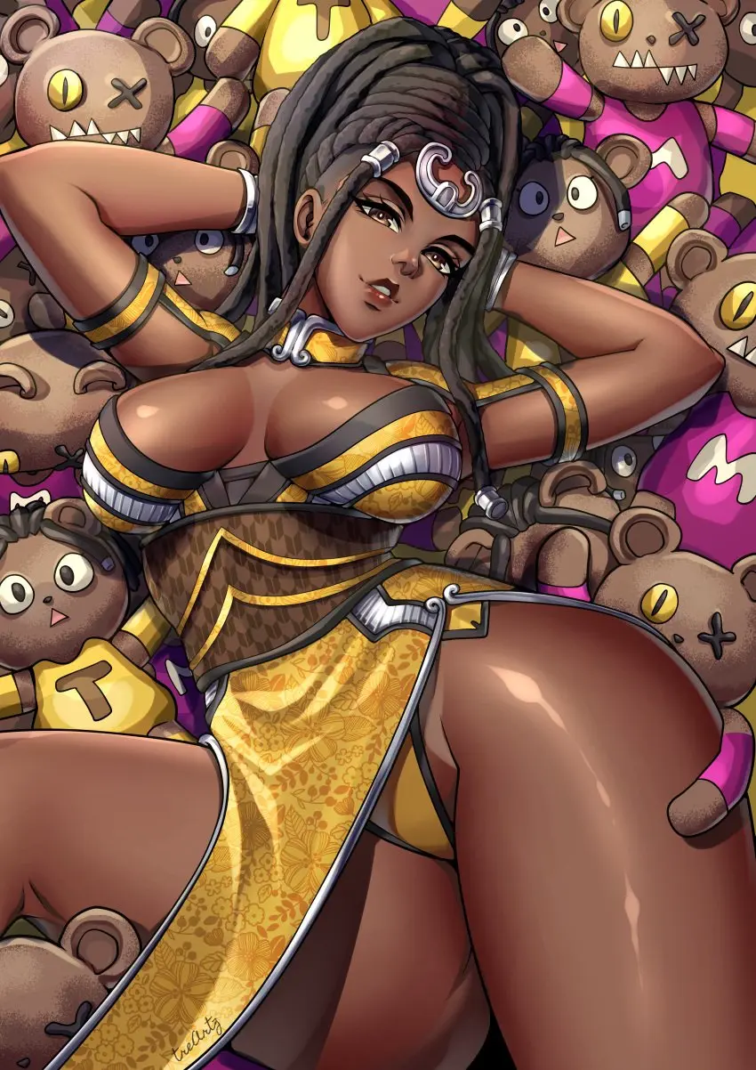 Image 1girls,brown_eyes,female,looking_at_viewer,black_hair,thick_thighs,thighs,dark_skin,hands_behind_head,arms_up,cleavage,cleavage_cutout,busty,curvy,dark-skinned_female,artist_signature,dreadlocks,mortal_kombat,mortal_kombat_1_(2023),teddy_bear,thotlerrr,treartz,tanya_(mortal_kombat)