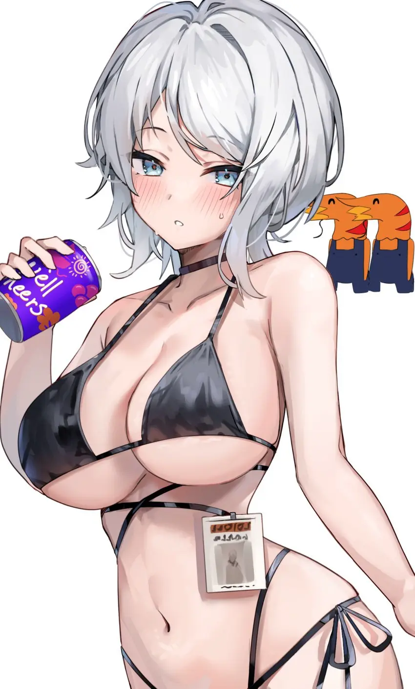 Image 1girls,big_breasts,blush,breasts,female,looking_at_viewer,white_hair,blue_eyes,short_hair,sweat,underwear,soda_can,project_moon,soda,limbus_company,faust_(limbus_company)