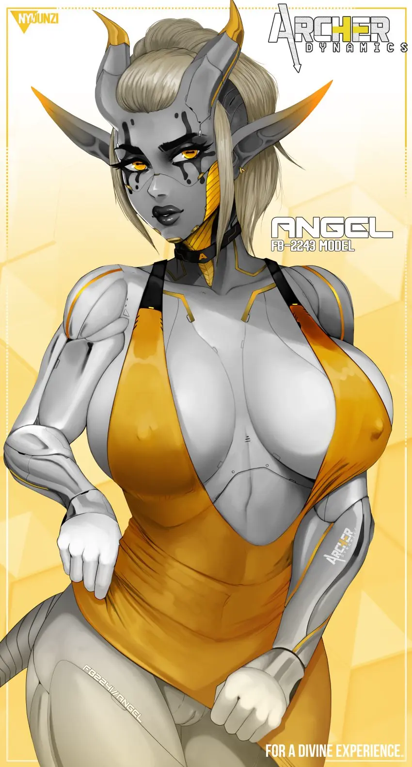 Image 1girls,female,solo,horns,dress,no_panties,alien,alien_girl,black_lipstick,cybernetics,nyuunzi,horizontal_pupils,angel_(themusclemancer),chymlaxi,xenosexual