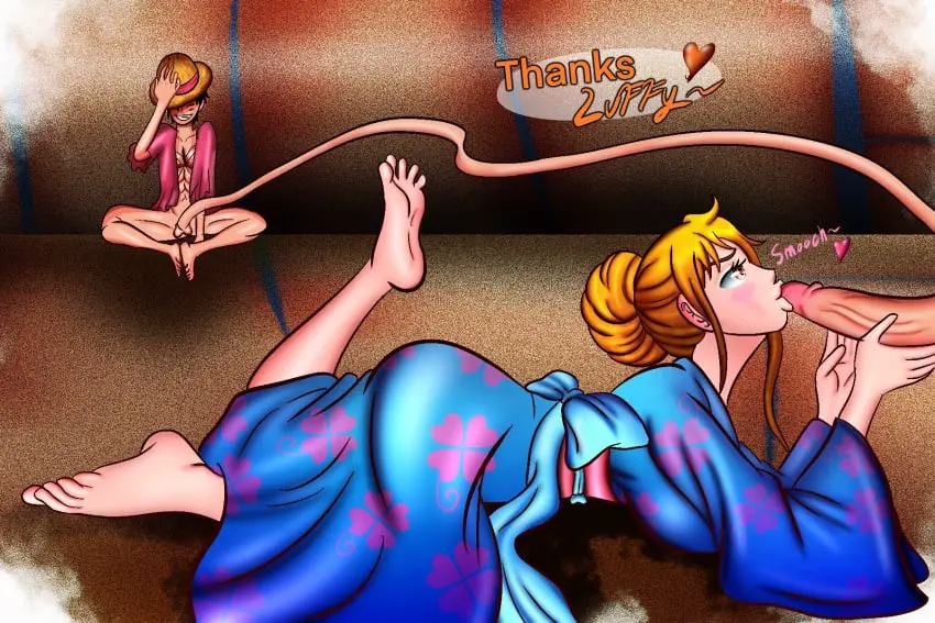 Image 1girls,big_breasts,breasts,clothed,clothing,female,1boy,male,penis,straight,sweat,ass,big_ass,fellatio,one_piece,ponytail,feet,clothed_female,nami_(one_piece),orange_hair,post-timeskip,veiny_penis,feet_up,lips,closed_eyes,blowjob,public,dialogue,heart,lipstick,steam,laying_down,kissing,speech_bubble,kimono,hair_bun,eyeless_male,long_penis,sucking_penis,gomu_gomu_no_mi,monkey_d_luffy,kissing_penis,straw_hat,kissjob,lipjob,onami,pillow_shading,blowjob_in_the_pose,flores,stretchy