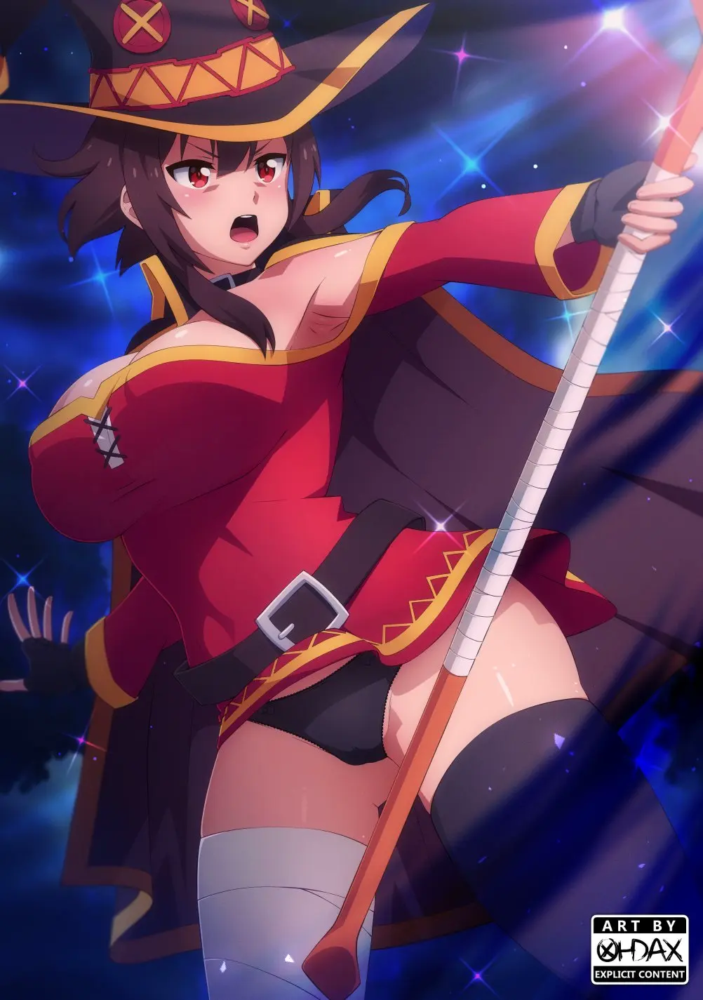 Image 1girls,big_breasts,breasts,female,female_only,hi_res,red_eyes,solo,thighhighs,panties,big_ass,big_butt,bubble_butt,thick_thighs,brown_hair,cape,fingerless_gloves,witch_hat,kono_subarashii_sekai_ni_shukufuku_wo!,black_thighhighs,upskirt,megumin,bandaged_leg,small_clothes,ohdax
