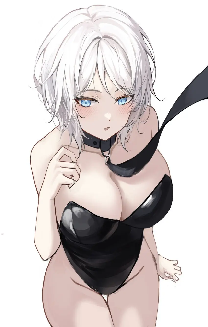 Image 1girls,big_breasts,blush,breasts,female,white_hair,blue_eyes,short_hair,cleavage,collar,leash,femsub,corset,leash_and_collar,project_moon,limbus_company,faust_(limbus_company)