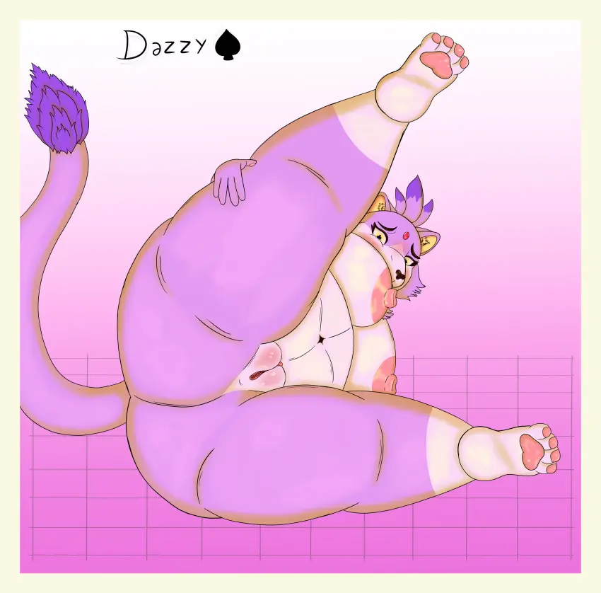 Image blush,breasts,female,hi_res,looking_at_viewer,nipples,simple_background,solo,navel,nude,pussy,tail,yellow_eyes,ass,areola,belly,anthro,absurd_res,genitals,mammal,paws,makeup,feline,purple_body,sega,sonic_(series),sonic_the_hedgehog_(series),felid,fat,overweight,overweight_female,domestic_cat,felis,pawpads,eyeliner,blaze_the_cat,dazzlingfoxxo