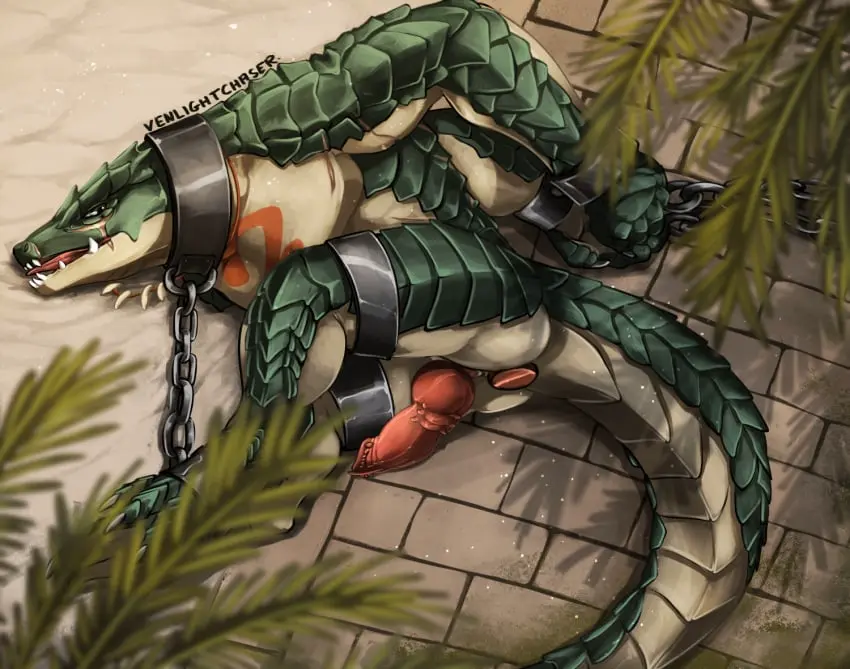 Image looking_at_viewer,solo,male,penis,erection,muscular,muscular_male,anal,anal_sex,male_only,tattoo,anthro,penetration,collar,genitals,sex_toy,muscular_anthro,bondage,2024,green_body,green_scales,reptile,scales,scalie,anthro_only,animal_genitalia,markings,chains,bondage_gear,chained,genital_slit,overlord_(maruyama),bound,restraints,tribal,buttplug,buttplug_in_ass,buttplug_insertion,object_in_ass,plug_(sex_toy),plug_insertion,sex_toy_in_ass,sex_toy_insertion,cuff_(restraint),pink_penis,lizard,tribal_markings,tribal_tattoo,metal_cuffs,legbinder,penis_tuck,metal_collar,lizardman,chained_cuffs,venlightchaser,binder_(restraint),knotted_tapering_penis,lizardman_(overlord),zenberu_gugu