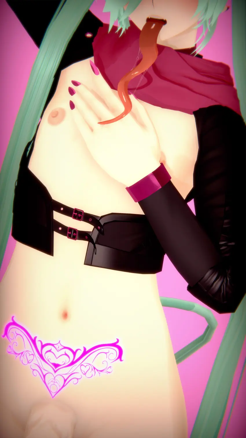 Image nipples,1boy,male,femboy,tattoo,3d,koikatsu,flat_chest,flat_chested,long_tongue,long_fingernails,functionally_nude,turquoise_hair,mira_imae