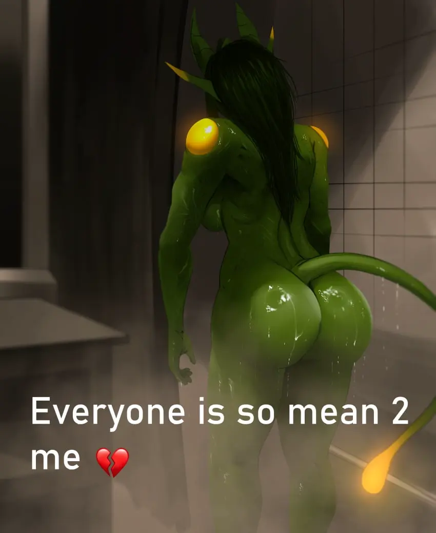 Image 1girls,big_breasts,breasts,female,female_only,solo,nude,ass,female_focus,horns,nude_female,completely_nude,green_skin,completely_nude_female,ass_focus,completely_naked,meme,alien,alien_girl,completely_naked_female,shower,nyuunzi,chymlaxi,xenosexual,everyone_is_so_mean_2_me,natyss