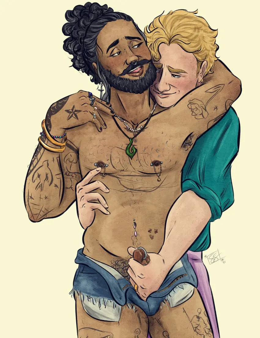 Image long_hair,male,2boys,male_only,yaoi,earring,blonde_hair,gay,handjob,nipple_piercing,old_male,piercings,booty_shorts,nose_piercing,waist_grab,tattoos,pirate,long_hair_male,pearl_necklace,pierced_genitals,handjob_from_behind,our_flag_means_death,stede_bonnet,blackbeard,edward_teach,salt_and_pepper_hair,rubbing_nipples,jorts,tattoos_everywhere,updo,man_bun,poorlyformed,poorlyporned,dagger_earrings