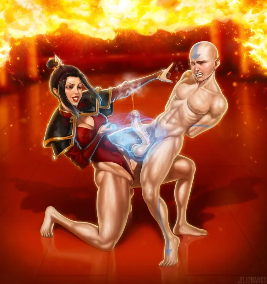 Image 1girls,female,human,smile,1boy,male,penis,big_penis,femdom,fire,bald,clothed_female_nude_male,bound,avatar_legends,avatar_the_last_airbender,azula,fire_nation,the_avatar,aang,air_nomad,airbender_tattoo,jojobanks,nipple_flick