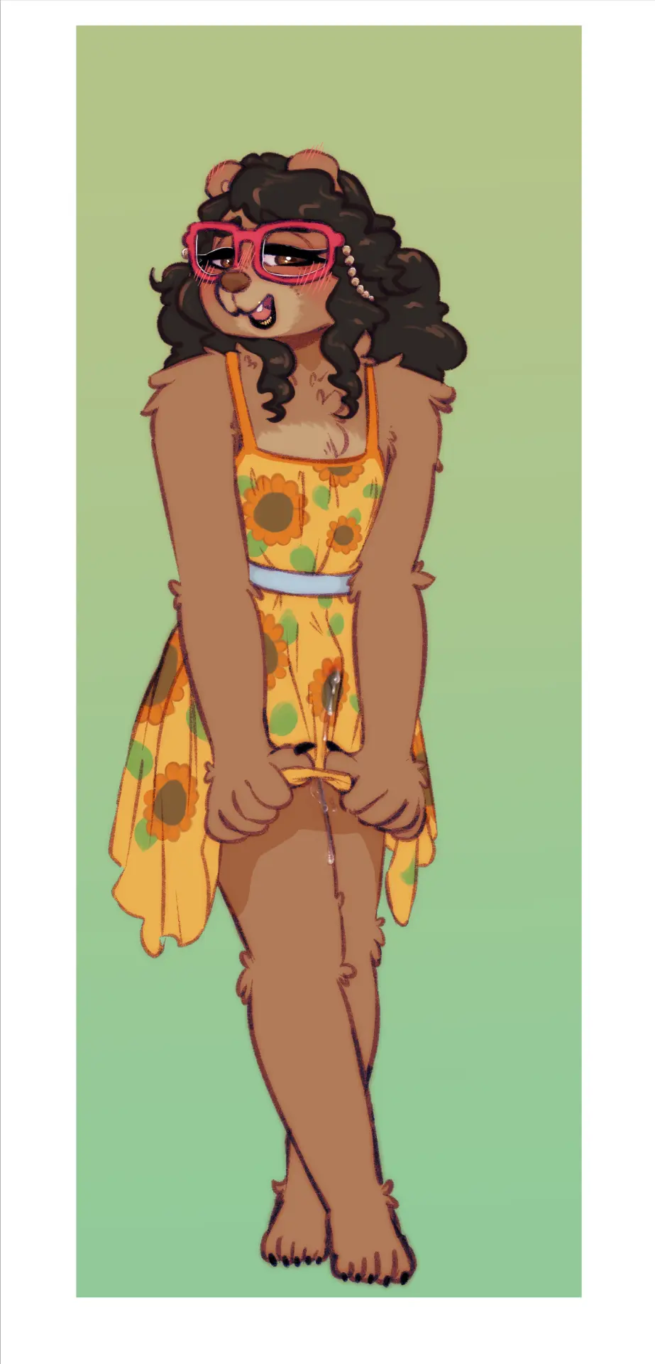 Image blush,clothing,hi_res,looking_at_viewer,simple_background,smile,solo,standing,cum,male,barefoot,feet,femboy,digital_media_(artwork),eyewear,glasses,anthro,dress,wet,bulge,genital_fluids,bodily_fluids,fur,mammal,2024,bear,green_background,brown_fur,brown_body,sundress,wet_clothing,cum_in_clothing,cum_through_clothing,cupcakecarly,samantha_(cupcakecarly),yellow_sundress