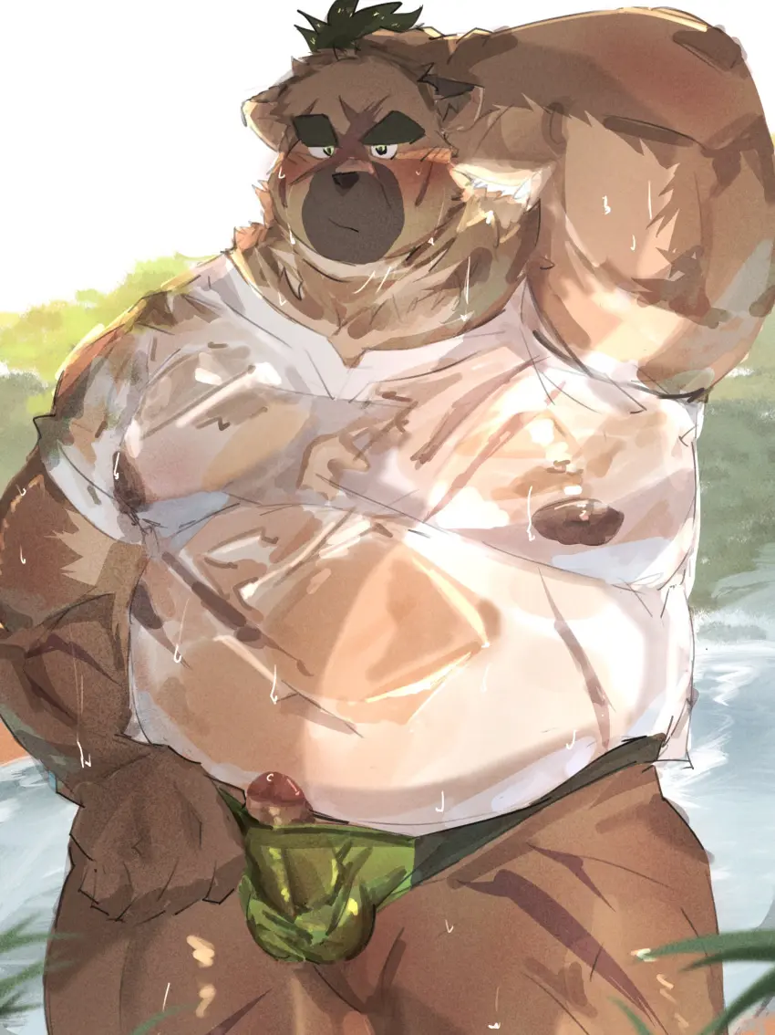 Image blush,clothing,hi_res,nipples,shirt,solo,male,navel,penis,erection,muscular,male_only,belly,eyebrows,anthro,absurd_res,wet,genital_fluids,bodily_fluids,canid,canine,canis,domestic_dog,fur,genitals,mammal,precum,biceps,pecs,thick_eyebrows,scar,brown_fur,topwear,brown_body,t-shirt,lifewonders,tokyo_afterschool_summoners,translucent,translucent_clothing,musclegut,wet_clothing,poking_out,okentya,wet_topwear,yasuyori_(tas)