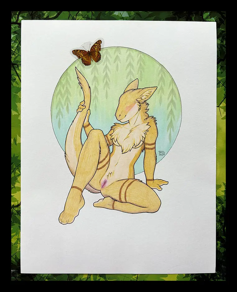 Image blush,breasts,female,simple_background,smile,solo,nude,pussy,tail,feet,embarrassed,anthro,tan_body,spread_legs,spreading,sitting,fur,genitals,paws,big_ears,fluffy,tuft,tan_fur,traditional_media_(artwork),eyeless,border,black_border,holding_tail,ambient_arthropod,ambient_butterfly,ambient_insect,aurunin,echo_(tamun),luthien_nightwolf,retractable_claws