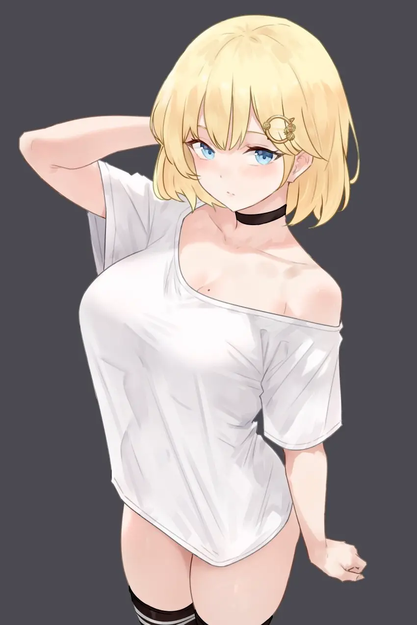Image 1girls,breasts,female,hi_res,large_breasts,light-skinned_female,light_skin,blue_eyes,short_hair,thighhighs,choker,thick_thighs,wide_hips,virtual_youtuber,huge_breasts,blonde_hair,hololive,off_shoulder,see-through,bottomless,t-shirt,hololive_english,hololive_myth,watson_amelia,bluefield