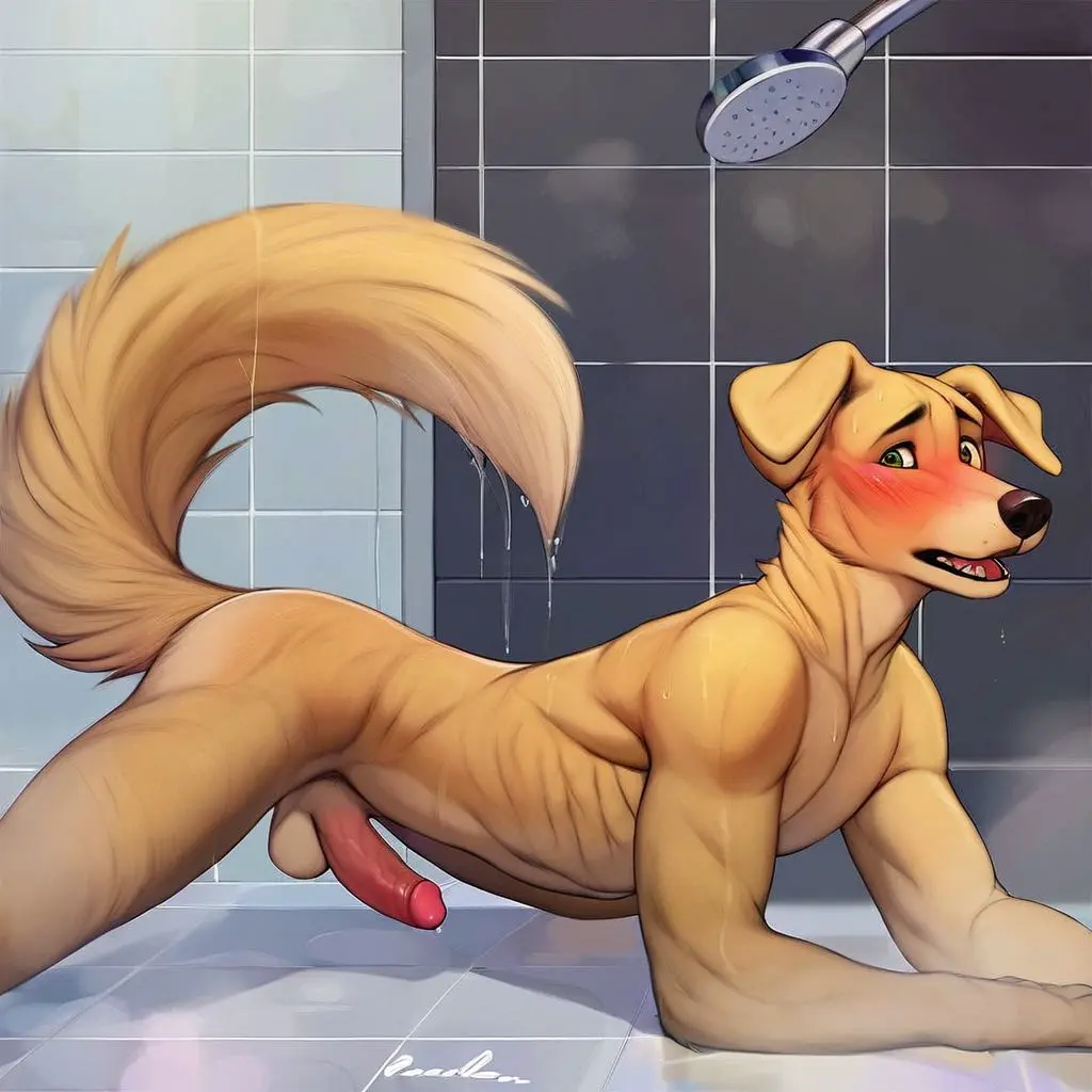 Image looking_at_viewer,solo,male,nude,penis,tail,furry,ass,ai_generated,male_only,balls,anthro,tagme,self_upload,bird_dog,canid,canine,domestic_dog,mammal,2024,solo_male,shower,original_artwork,golden_retriever,carnivalecloudmuncher