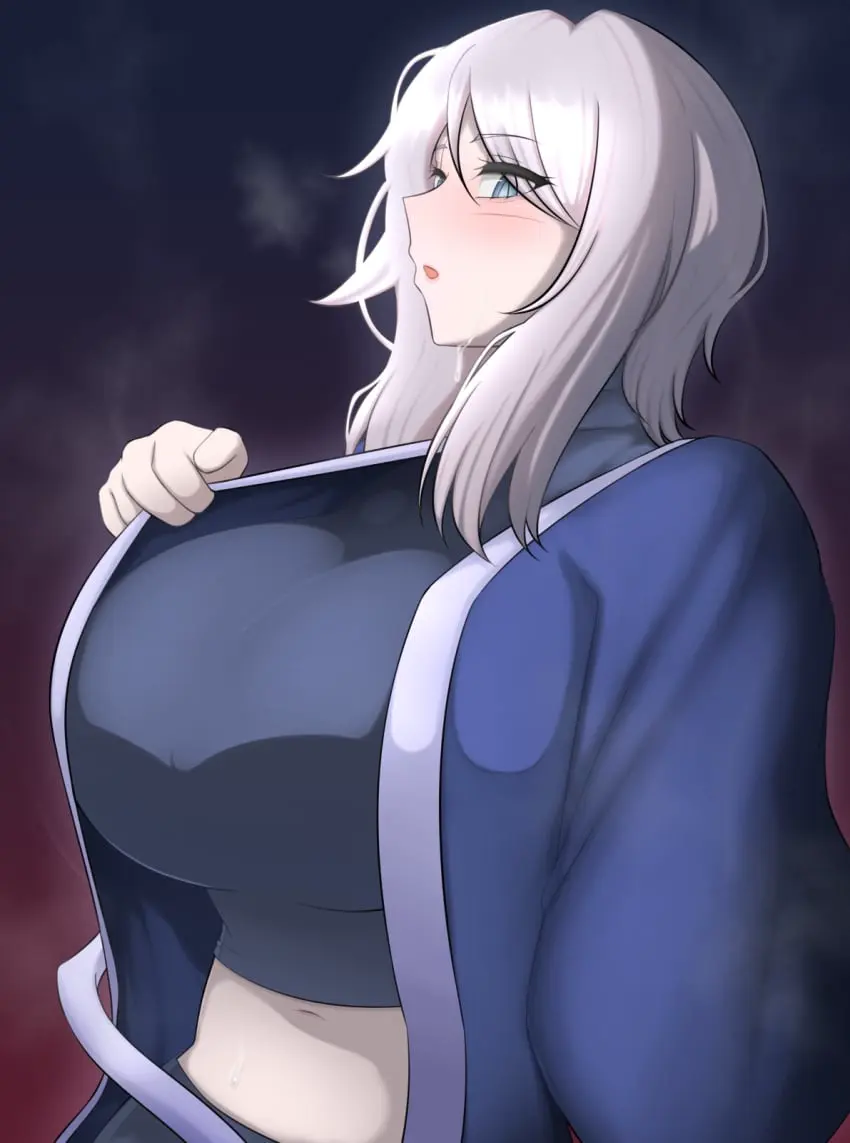 Image 1girls,big_breasts,blush,breasts,clothing,female,looking_at_viewer,white_hair,blue_eyes,short_hair,sweat,medium_hair,steam,project_moon,limbus_company,faust_(limbus_company)